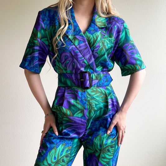 1980s Blue and Purple Tropical Print Jumpsuit (S)