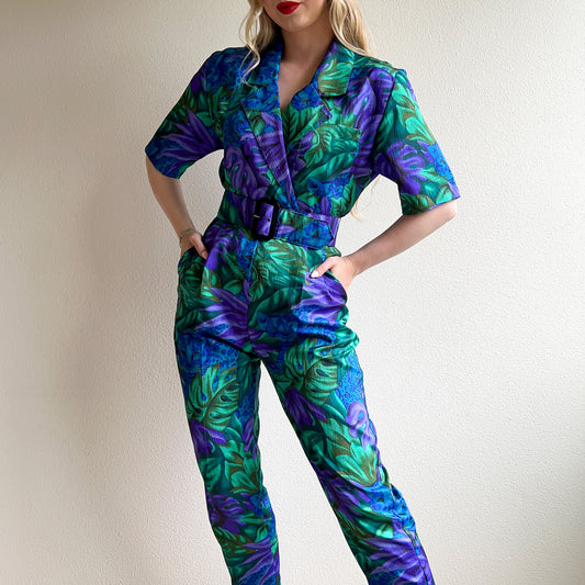 1980s Blue and Purple Tropical Print Jumpsuit (S)