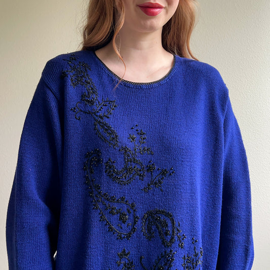 1980s Deep Blue Sweater With Black Embroidery (XXL)