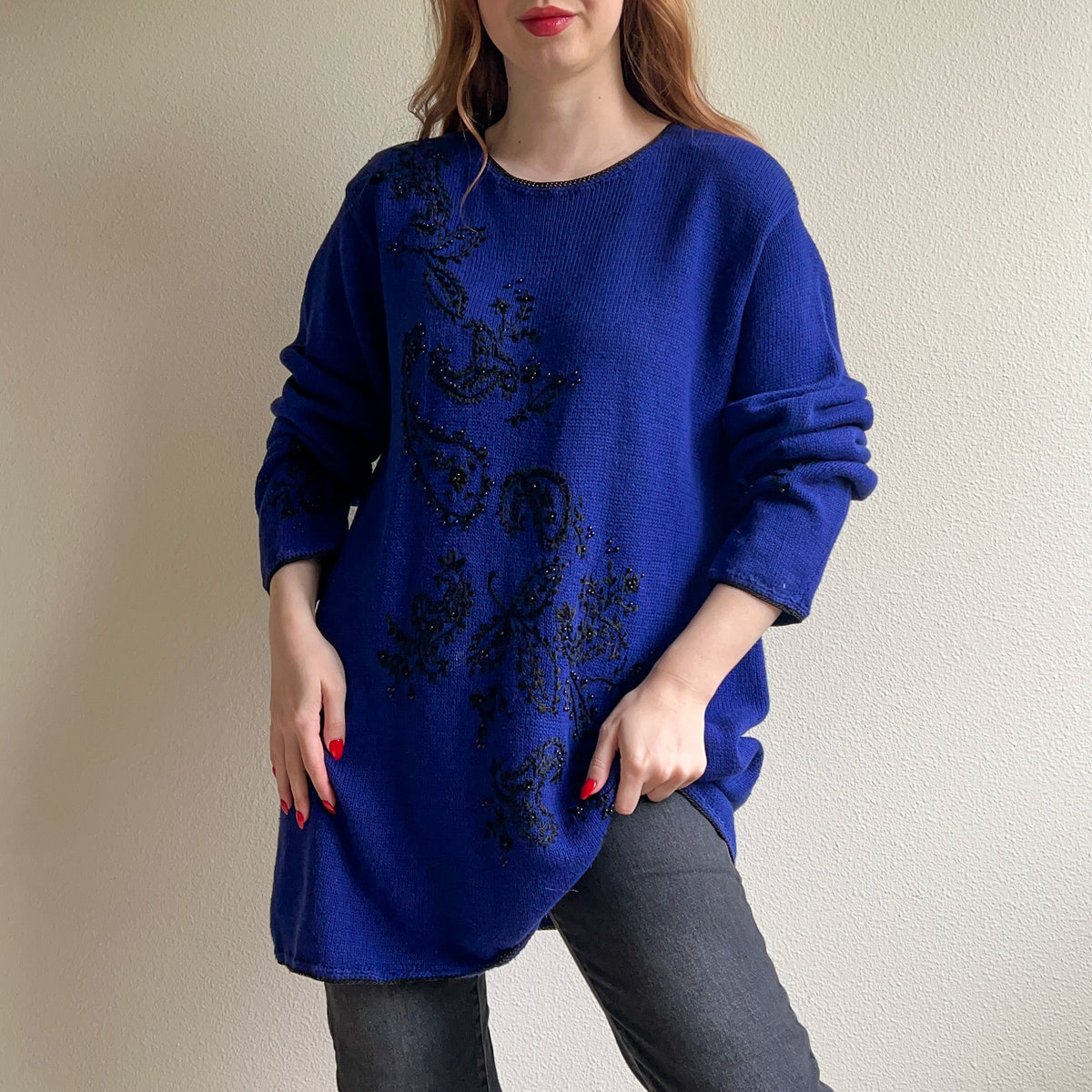 1980s Deep Blue Sweater With Black Embroidery (XXL)