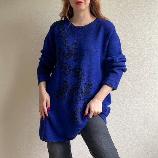 1980s Deep Blue Sweater With Black Embroidery (XXL)