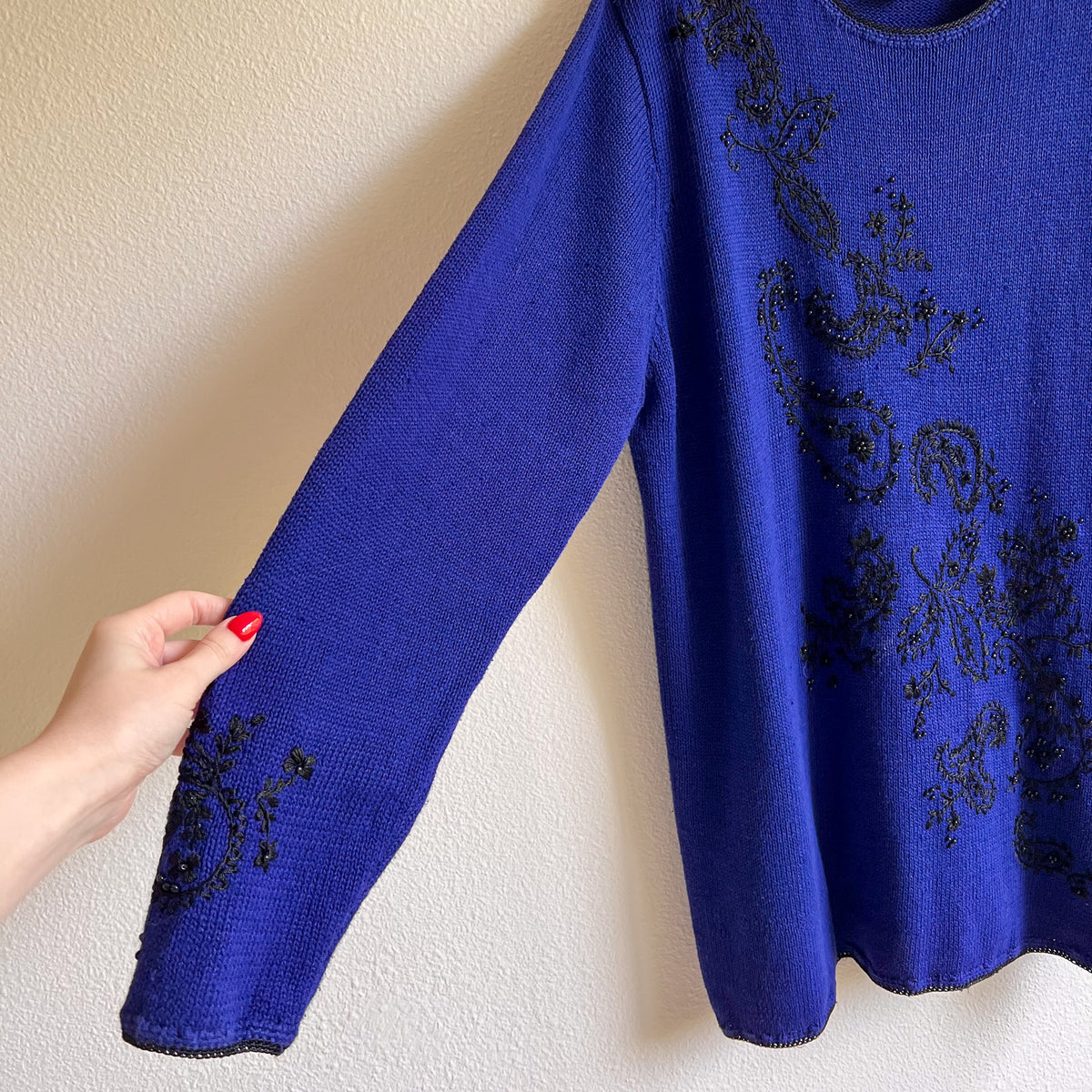 1980s Deep Blue Sweater With Black Embroidery (XXL)