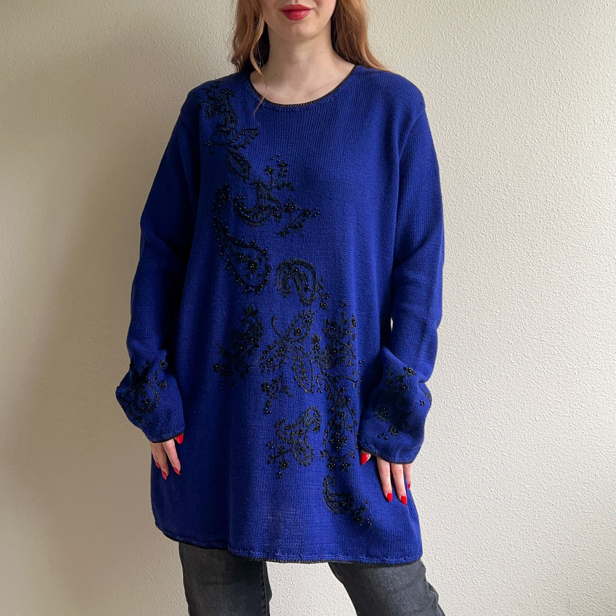1980s Deep Blue Sweater With Black Embroidery (XXL)