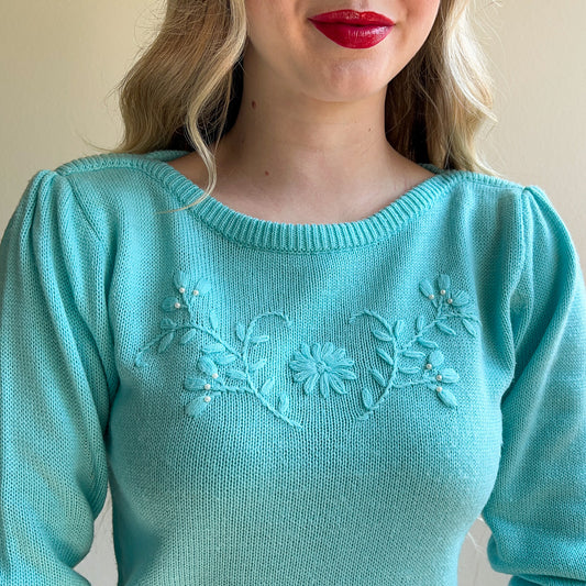 1980s Sky Blue Sweater With Floral Details (S)
