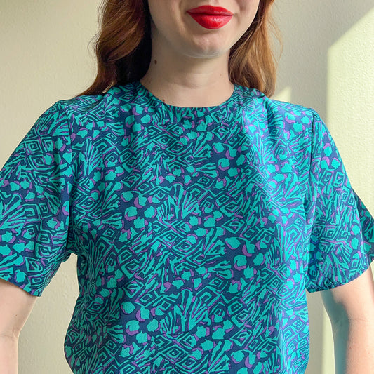1980s Blue and Turquoise Print Silk Top (S/M)