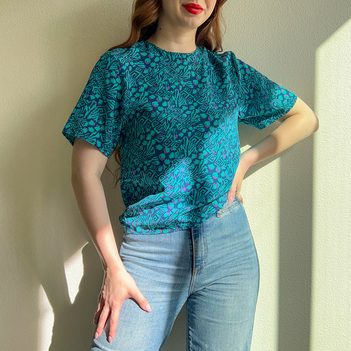 1980s Blue and Turquoise Print Silk Top (S/M)
