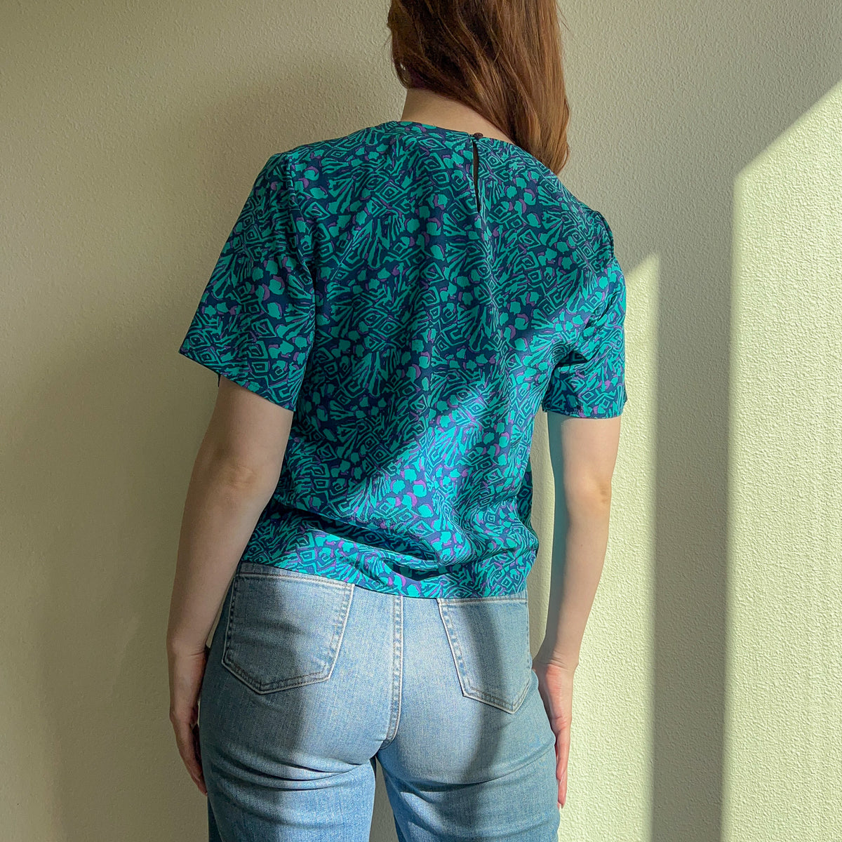 1980s Blue and Turquoise Print Silk Top (S/M)