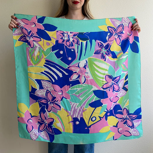 1980s Electric Blue and Turquoise Tropical Print Scarf