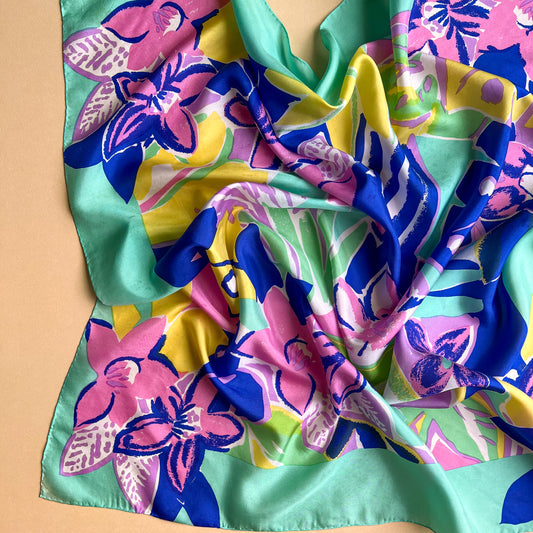 1980s Electric Blue and Turquoise Tropical Print Scarf