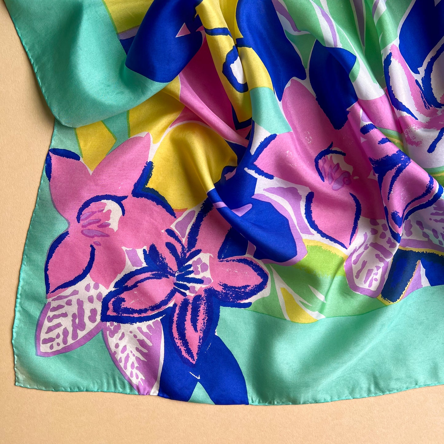 1980s Electric Blue and Turquoise Tropical Print Scarf