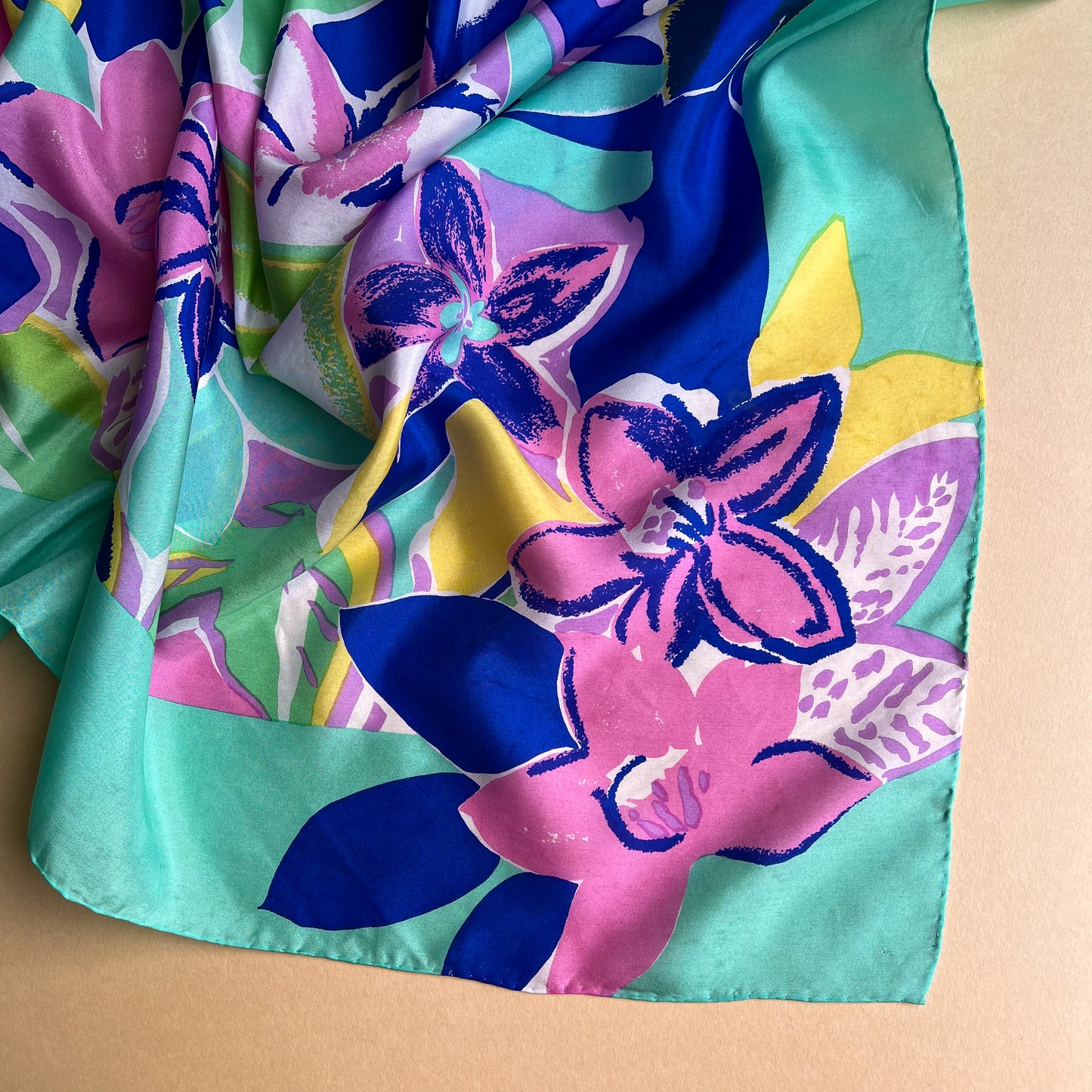 1980s Electric Blue and Turquoise Tropical Print Scarf
