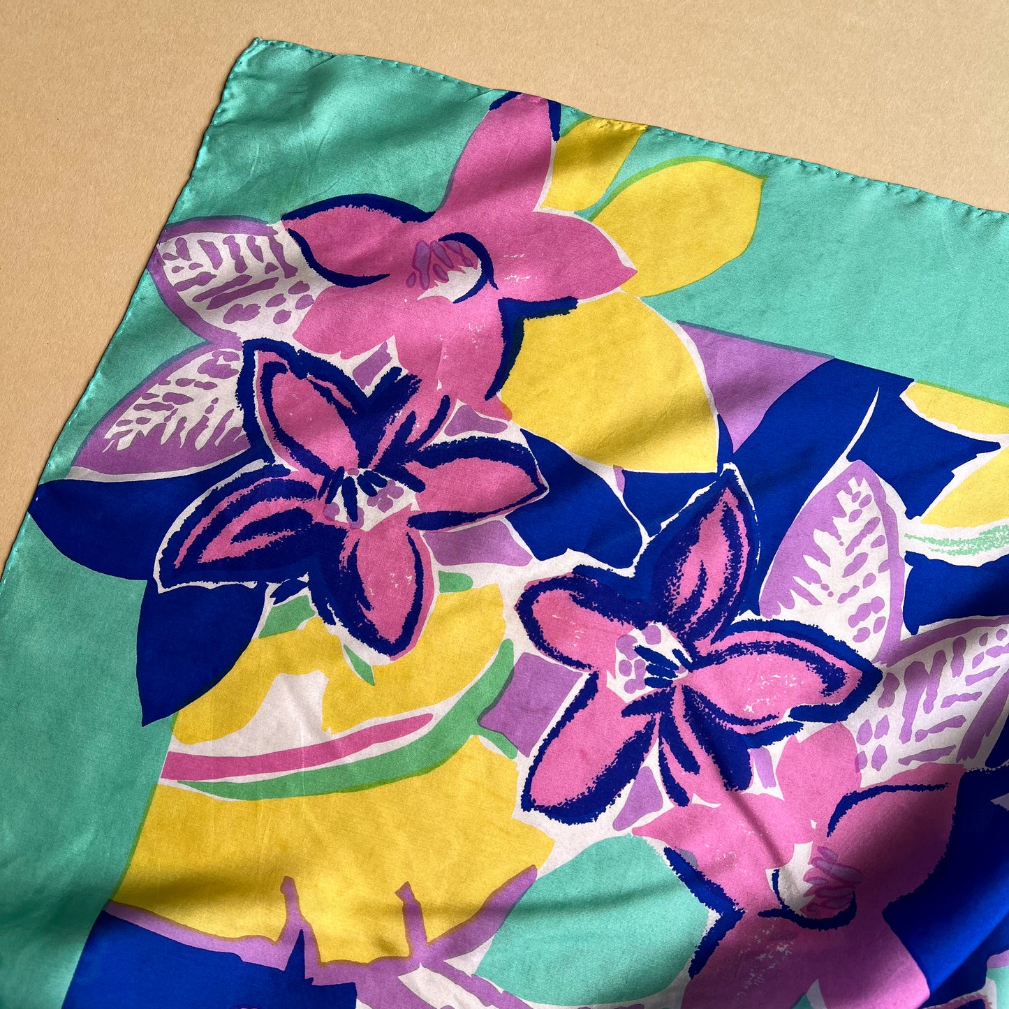 1980s Electric Blue and Turquoise Tropical Print Scarf