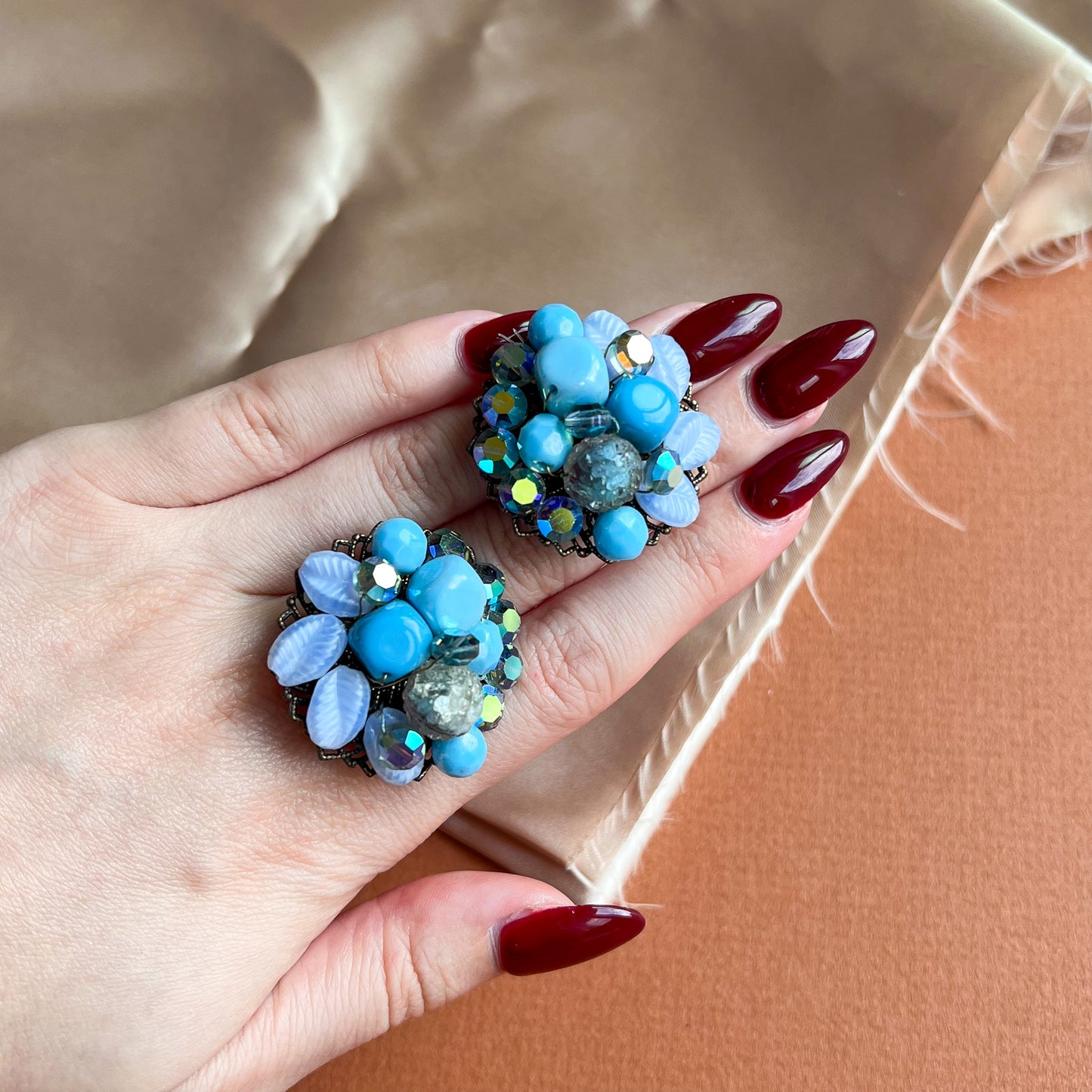 1980s Blue Variety Beads Cluster Earrings