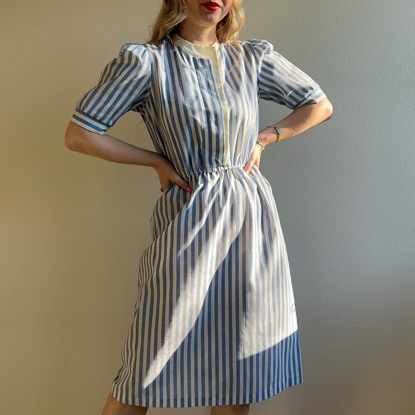 1980s Blue and White Striped Summer Dress (S/M)