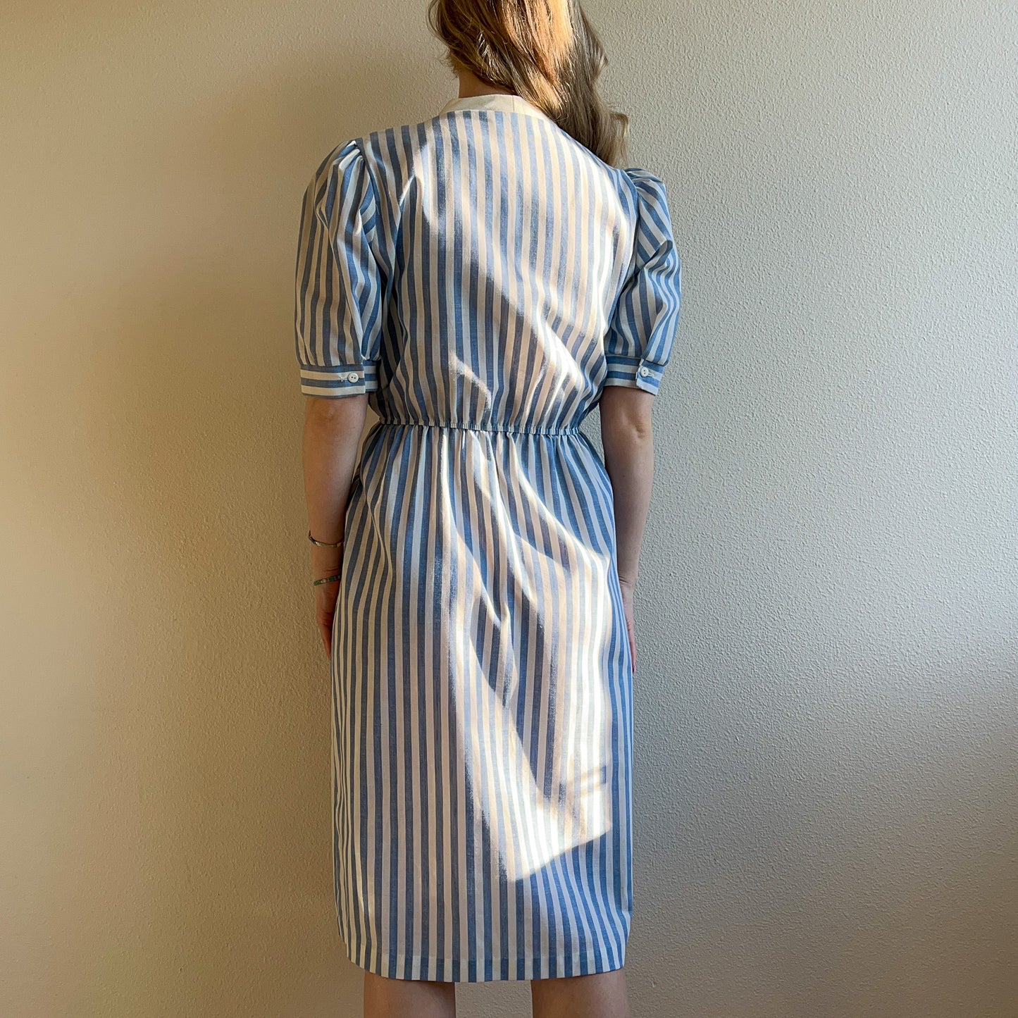 1980s Blue and White Striped Summer Dress (S/M)