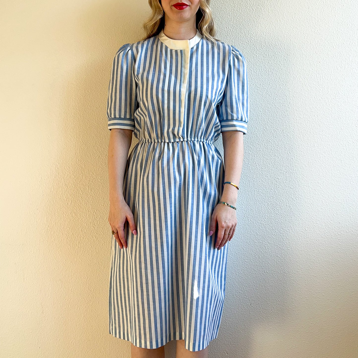 1980s Blue and White Striped Summer Dress (S/M)