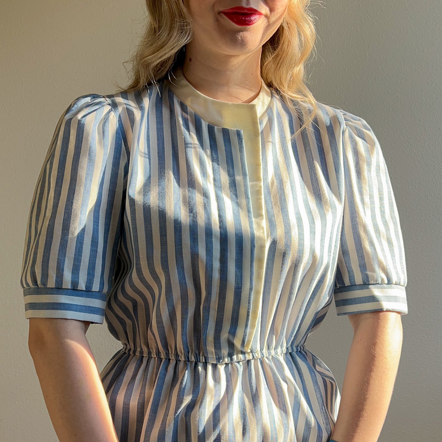 1980s Blue and White Striped Summer Dress (S/M)