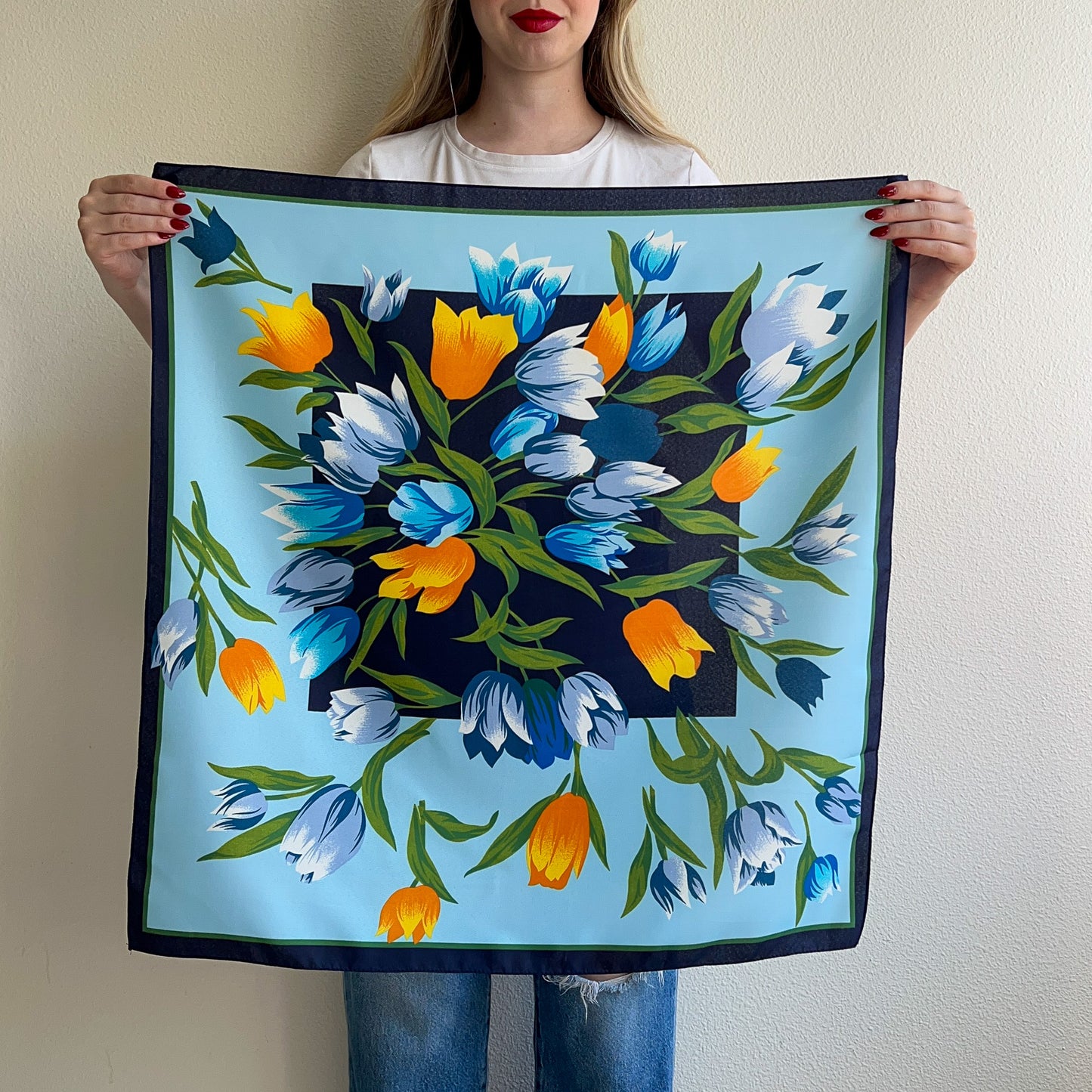 1980s Blue and Orange Tulips Scarf