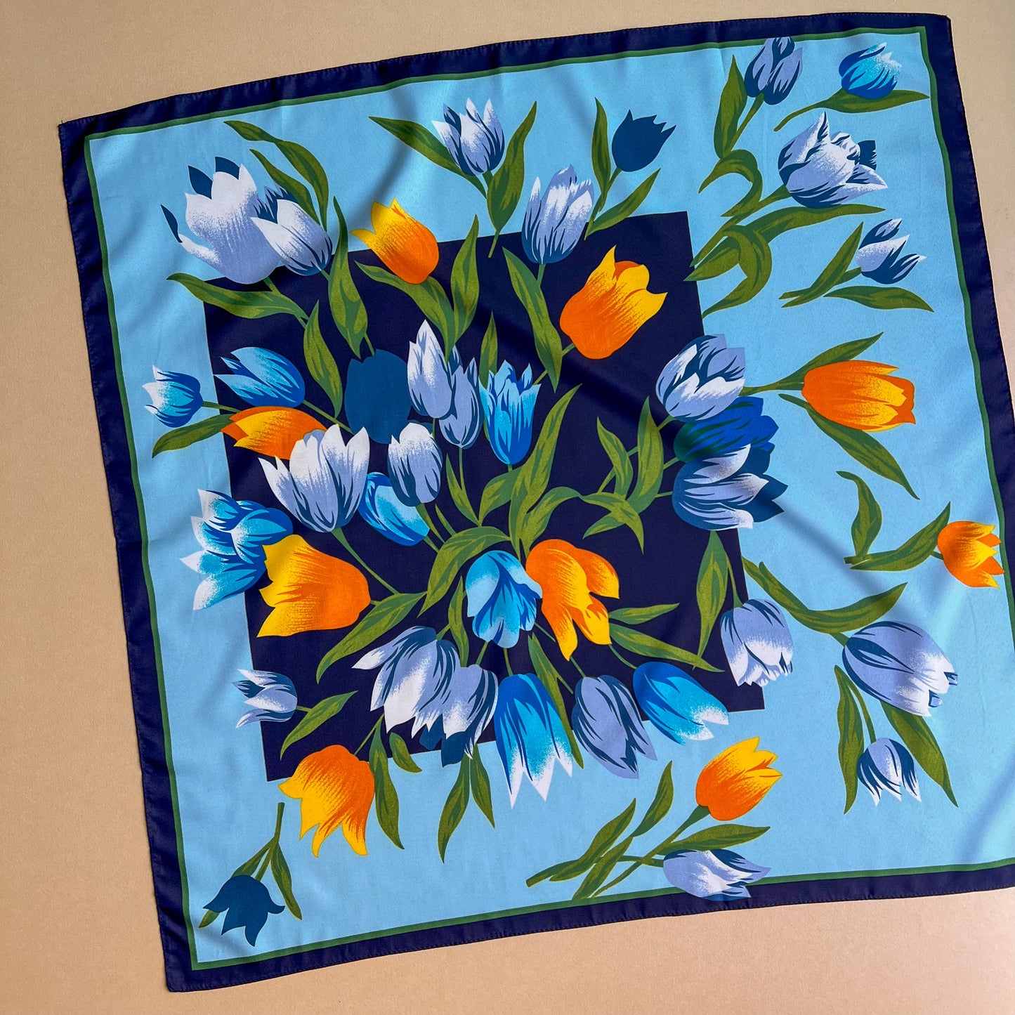 1980s Blue and Orange Tulips Scarf