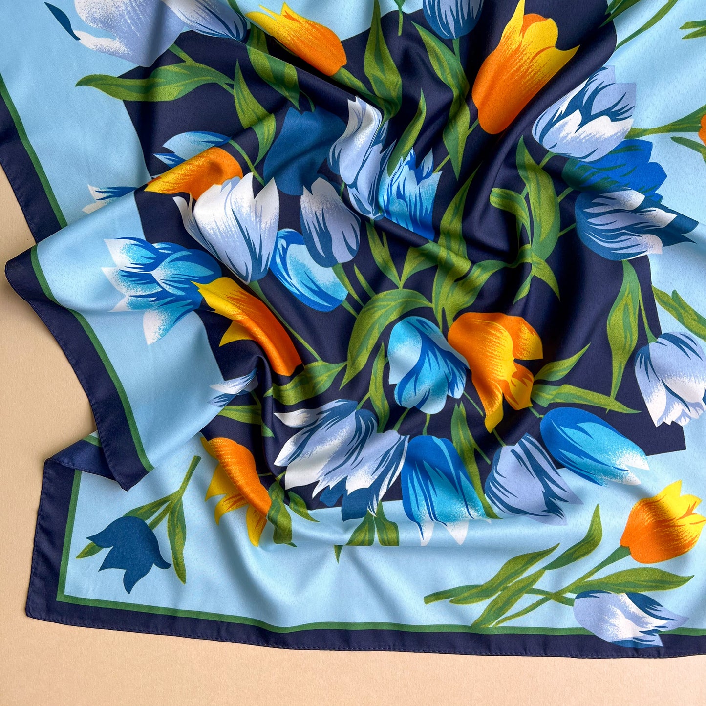 1980s Blue and Orange Tulips Scarf