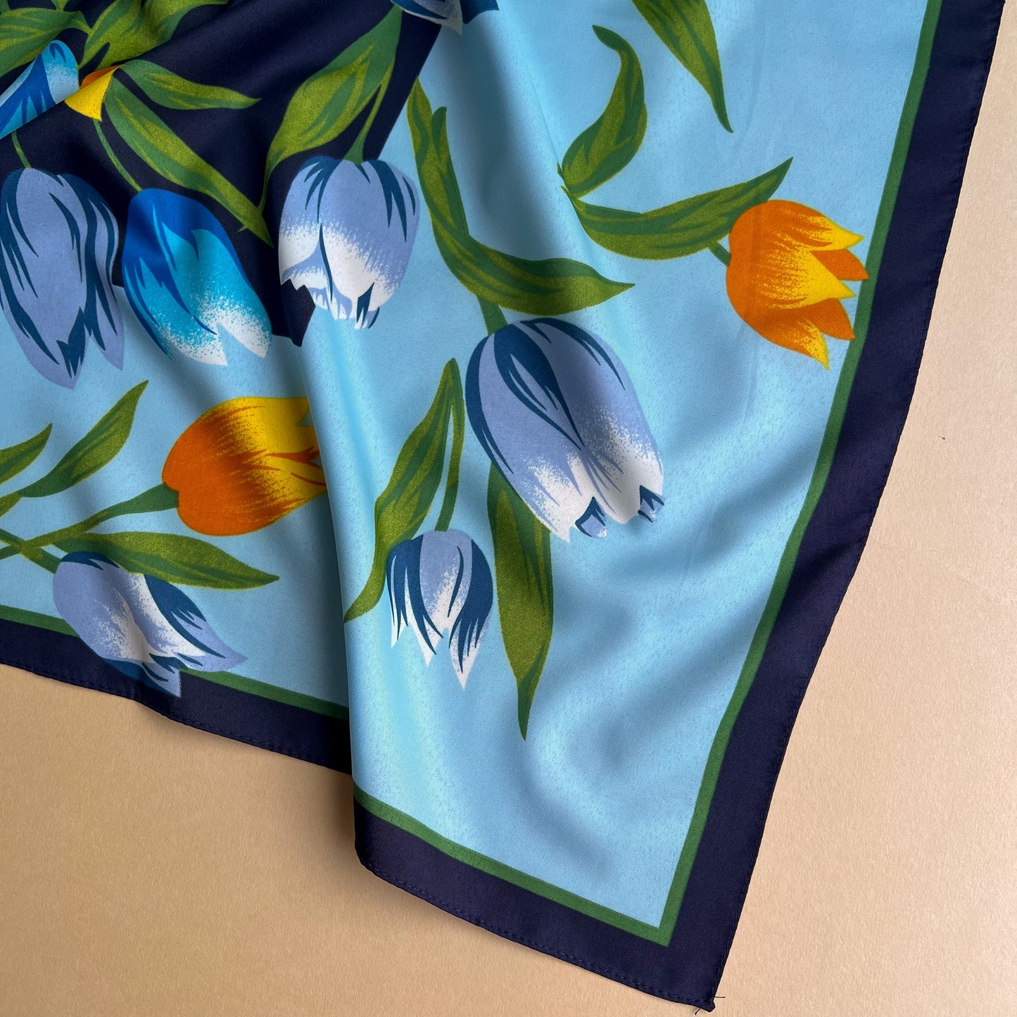 1980s Blue and Orange Tulips Scarf