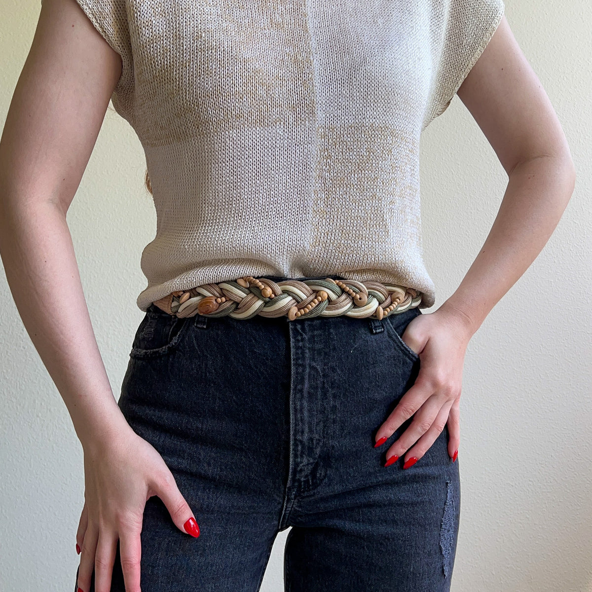 1980s Braided Belt With Wood Beads (S)
