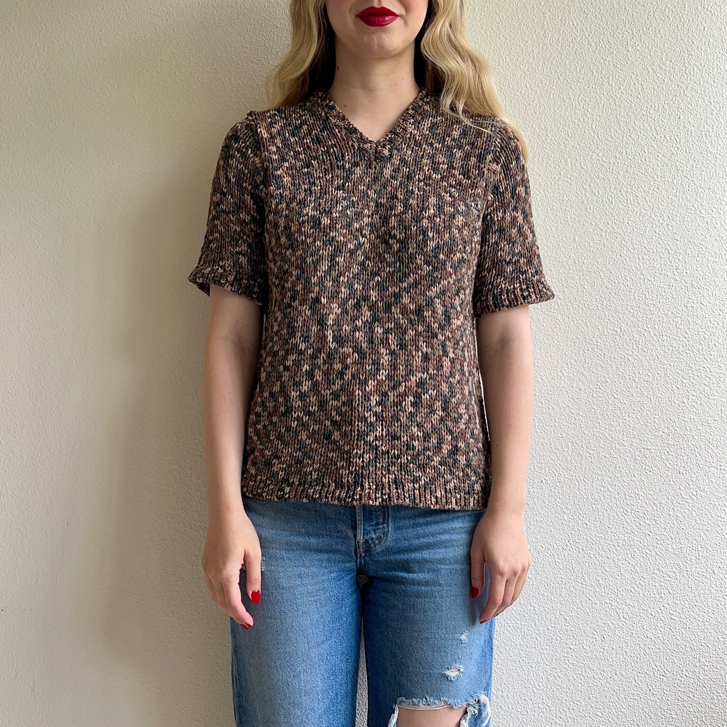 1980s Shades of Brown Knitted Short Sleeve Top (M/L)