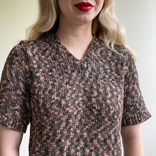 1980s Shades of Brown Knitted Short Sleeve Top (M/L)
