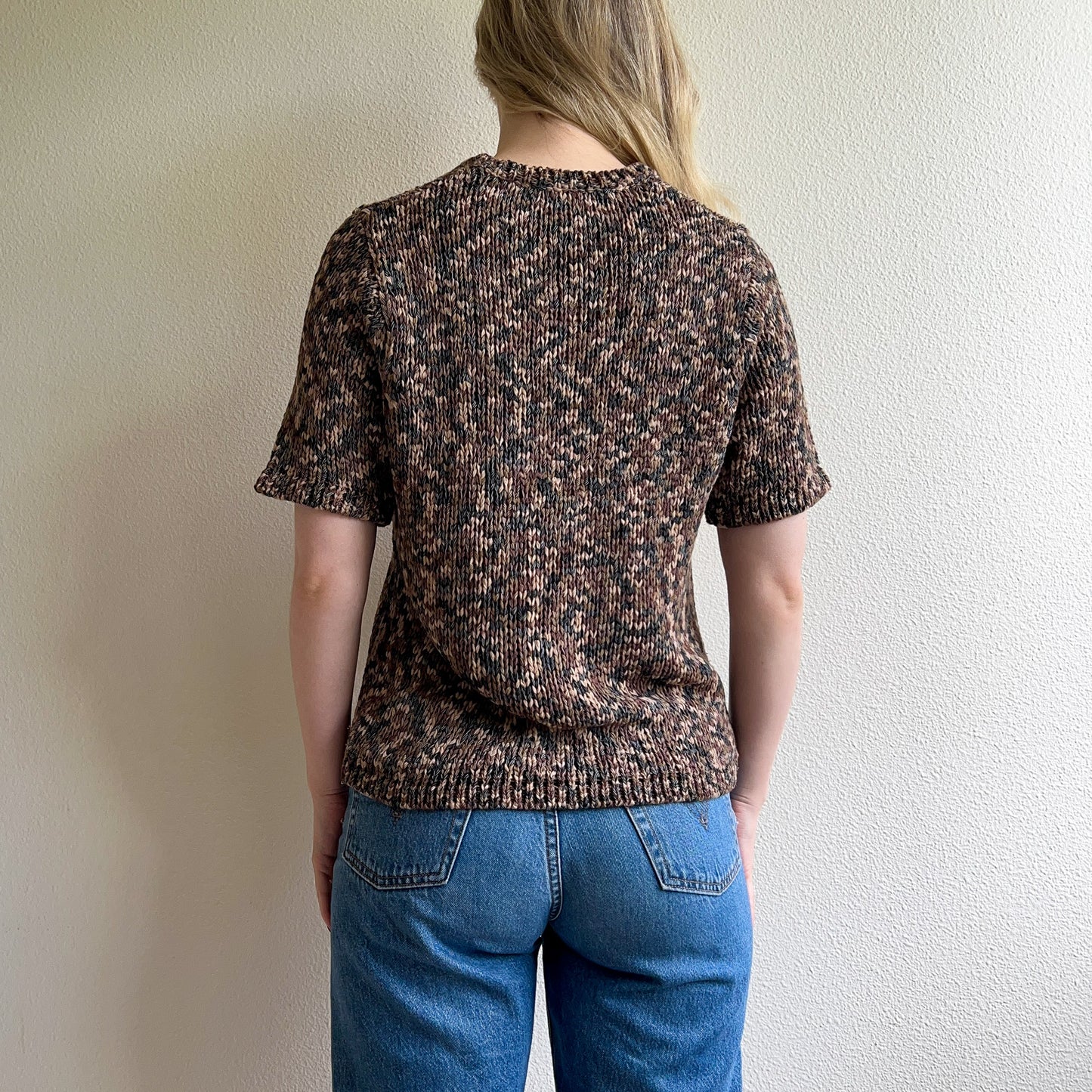 1980s Shades of Brown Knitted Short Sleeve Top (M/L)