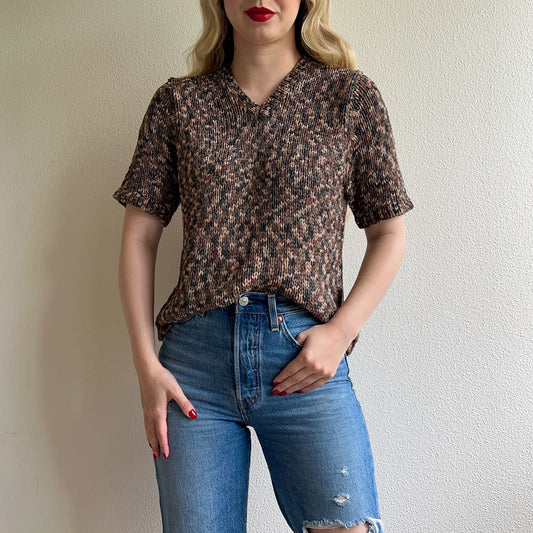 1980s Shades of Brown Knitted Short Sleeve Top (M/L)