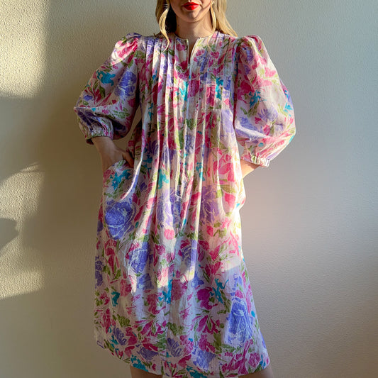 1980s Bullocks Wilshire Purple Print House Dress (S/M)