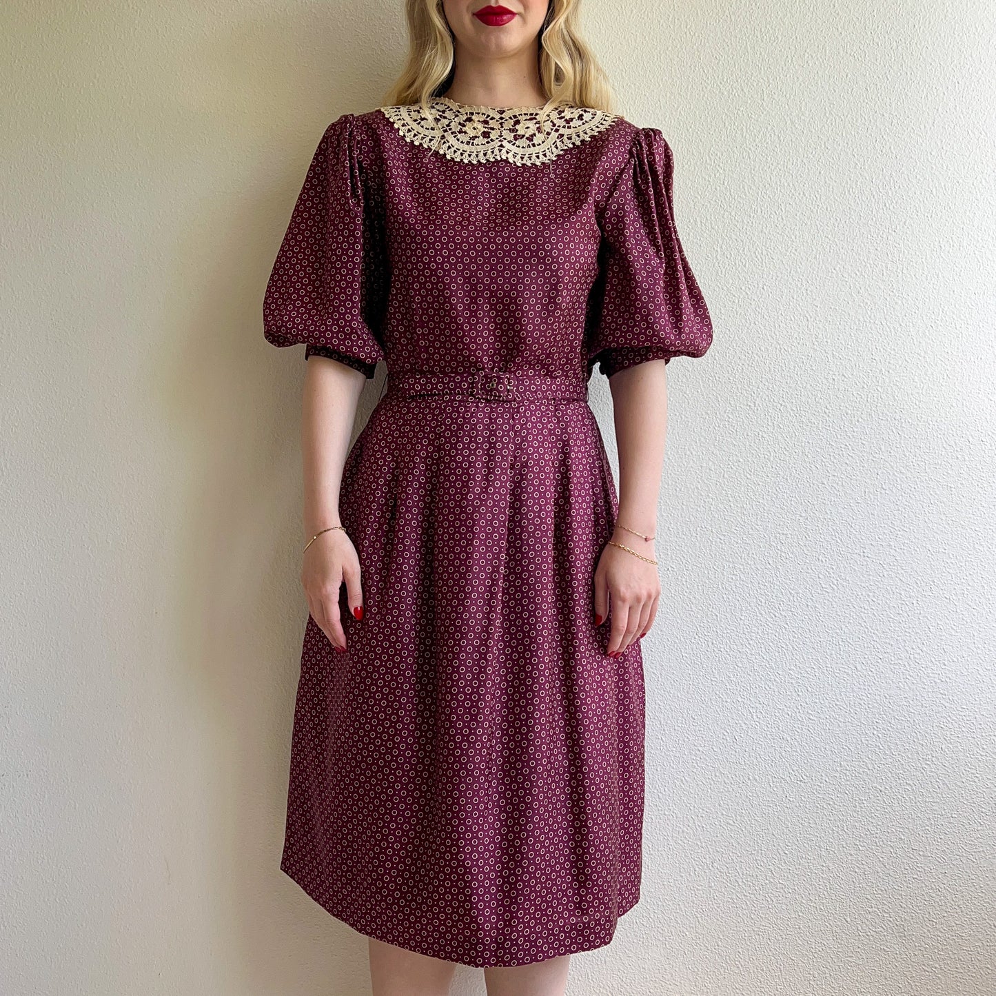 1980s Burgundy Silk Polka Dot Dress With Crochet Collar (M)