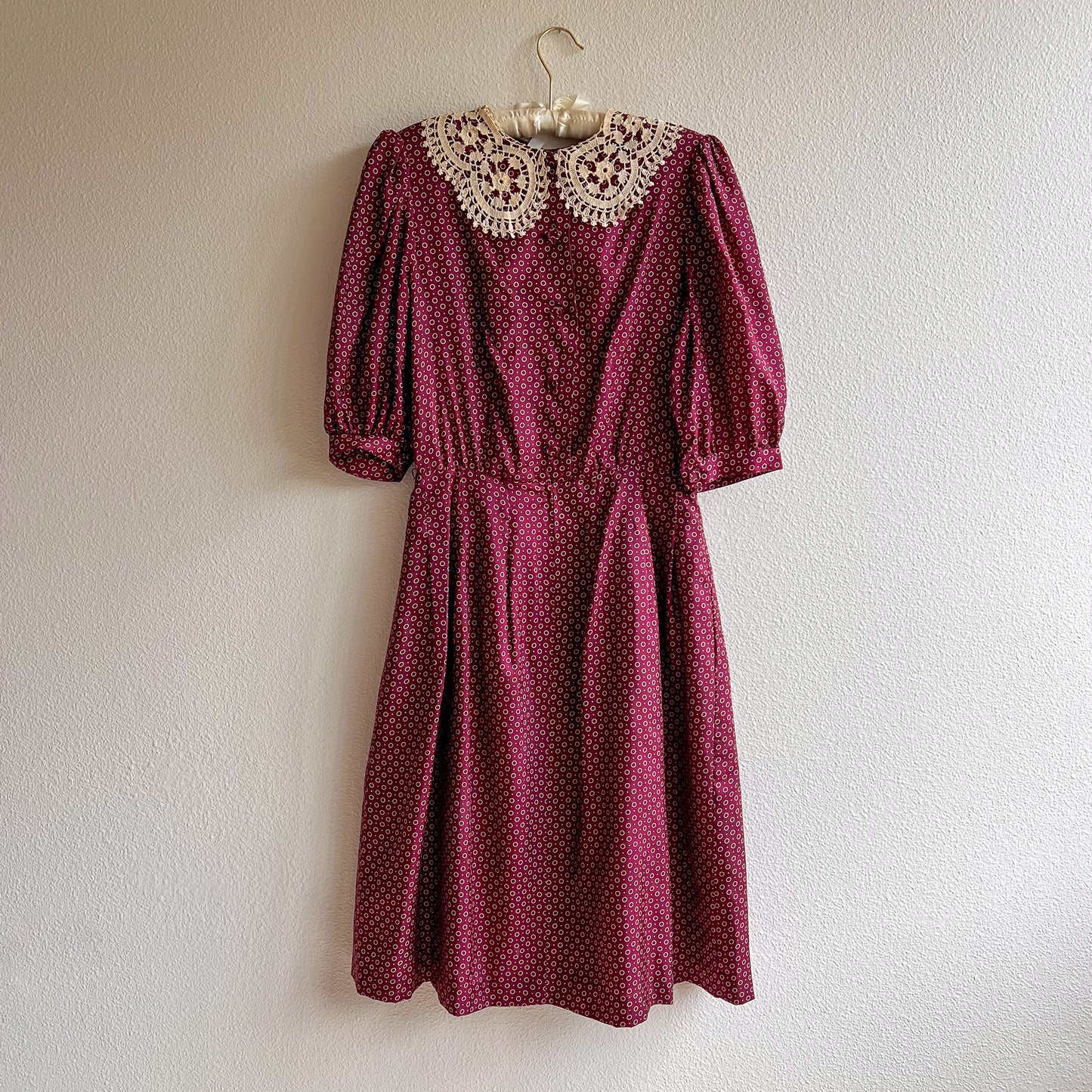 1980s Burgundy Silk Polka Dot Dress With Crochet Collar (M)