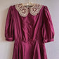 1980s Burgundy Silk Polka Dot Dress With Crochet Collar (M)