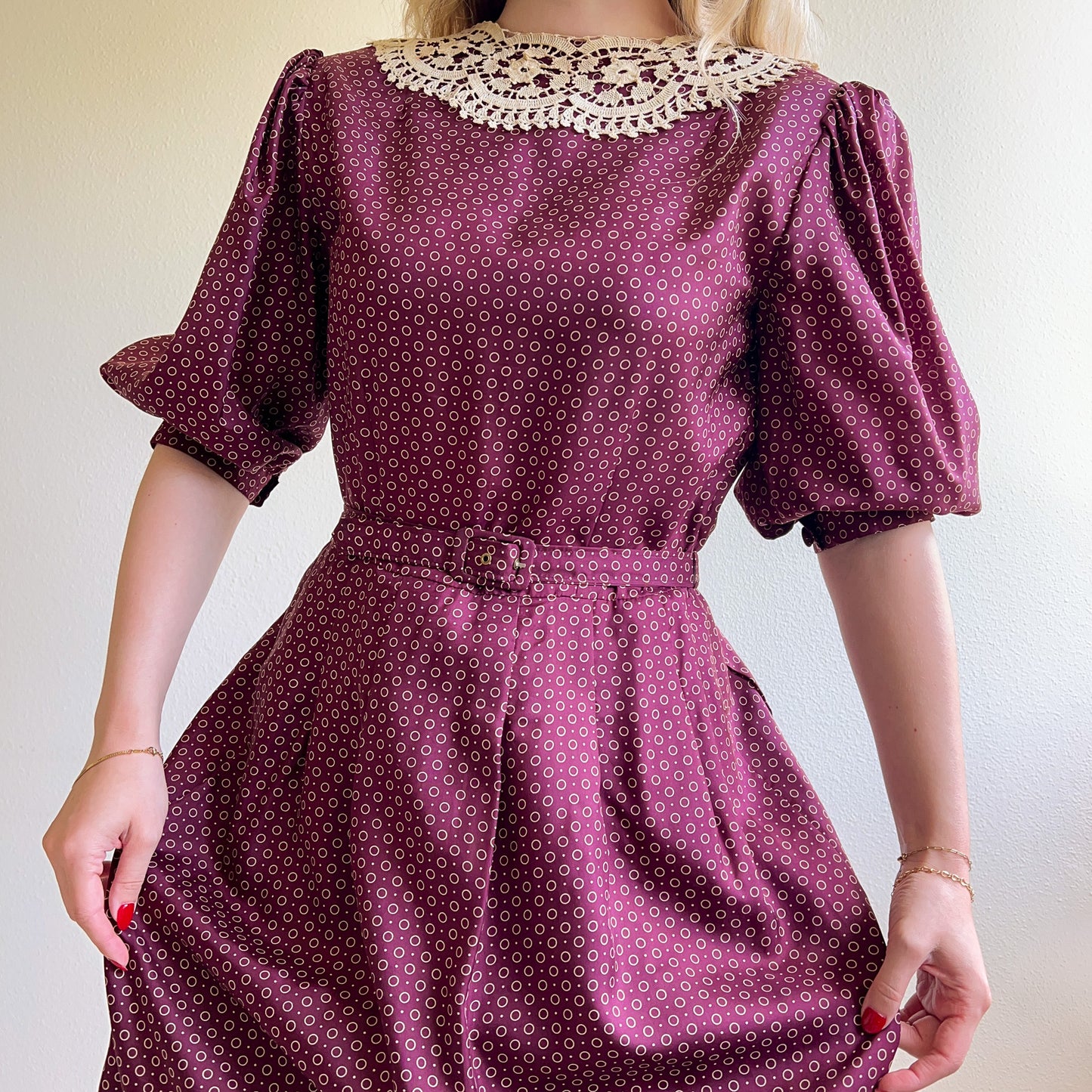 1980s Burgundy Silk Polka Dot Dress With Crochet Collar (M)