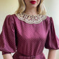 1980s Burgundy Silk Polka Dot Dress With Crochet Collar (M)