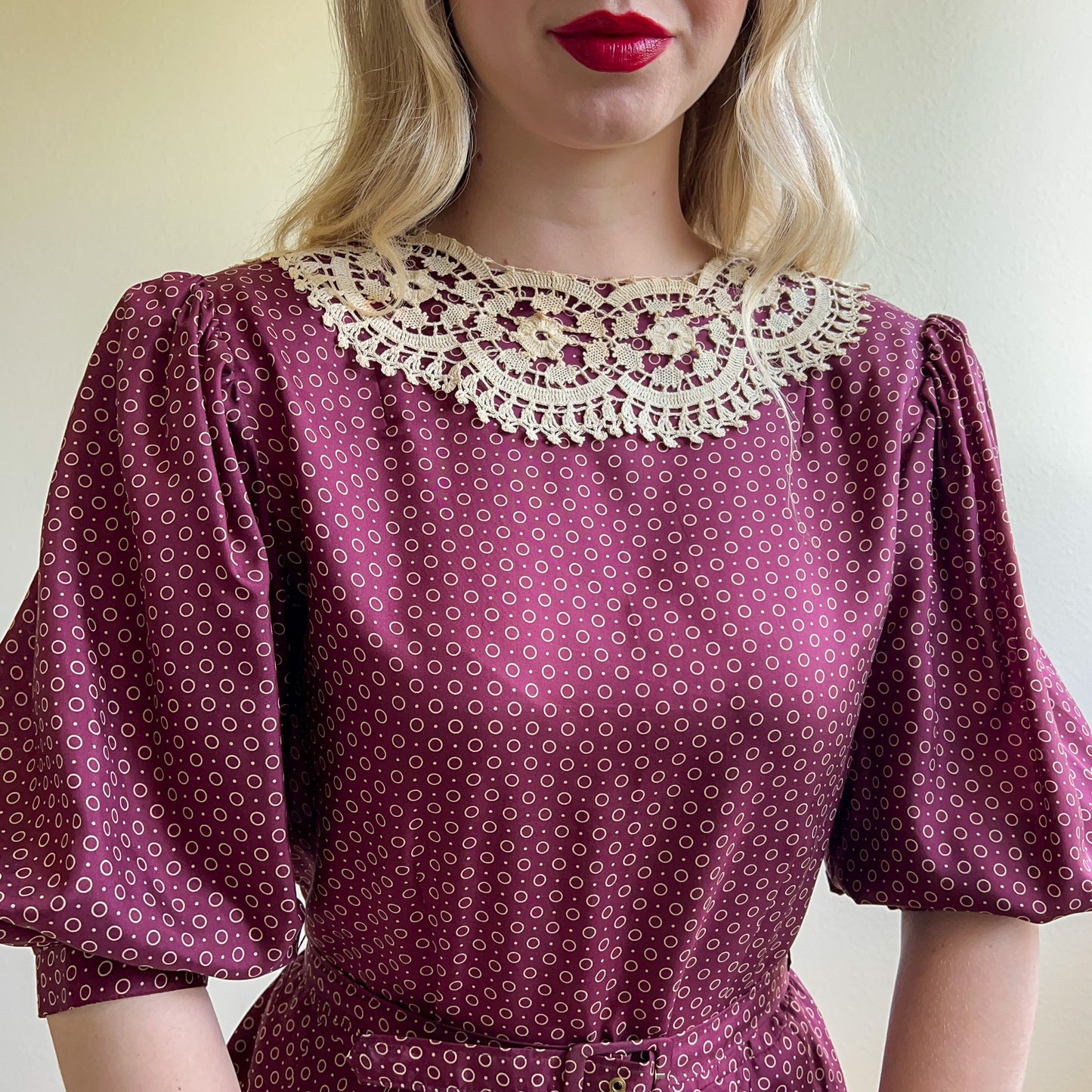 1980s Burgundy Silk Polka Dot Dress With Crochet Collar (M)