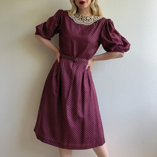 1980s Burgundy Silk Polka Dot Dress With Crochet Collar (M)