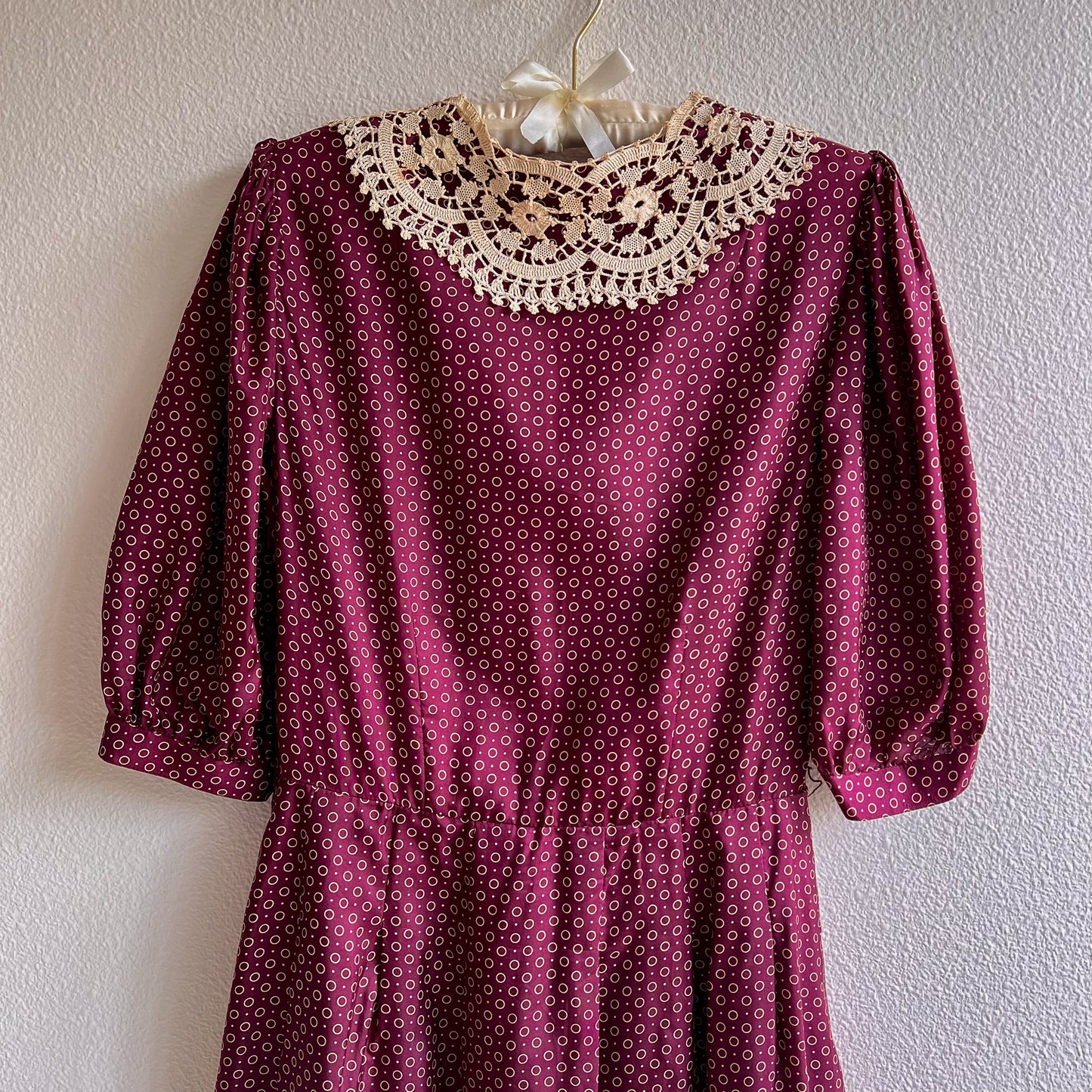 1980s Burgundy Silk Polka Dot Dress With Crochet Collar (M)