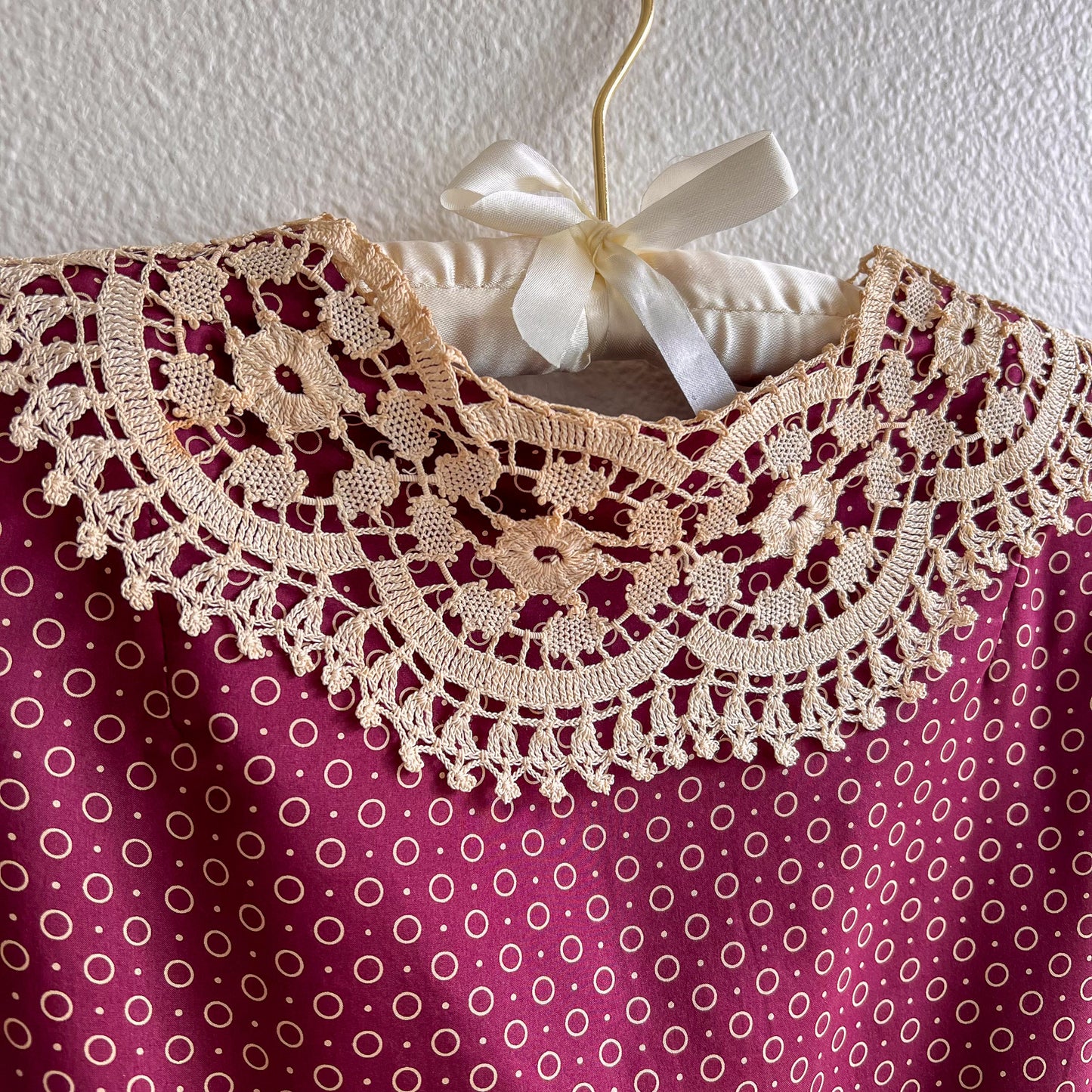 1980s Burgundy Silk Polka Dot Dress With Crochet Collar (M)