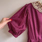 1980s Burgundy Silk Polka Dot Dress With Crochet Collar (M)