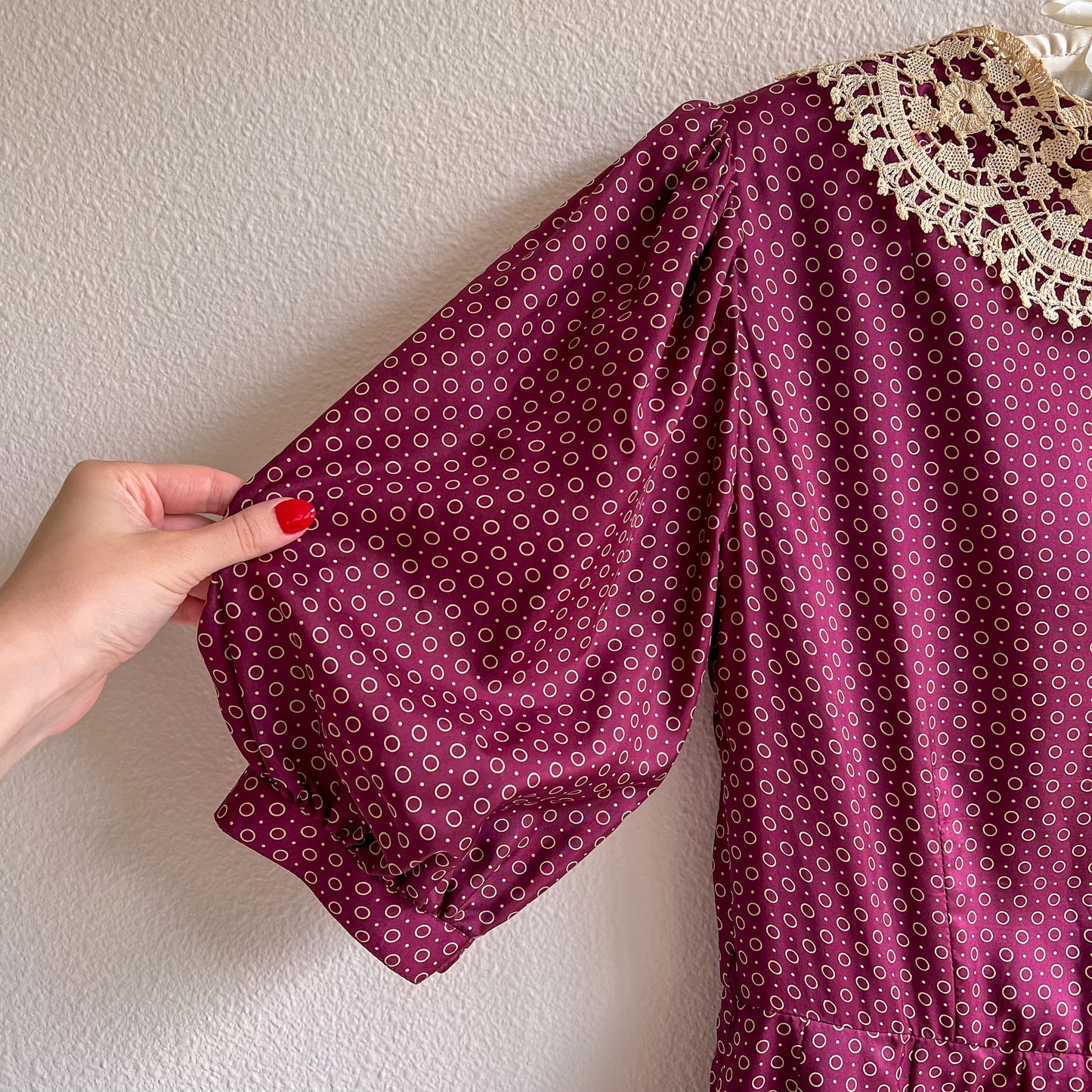 1980s Burgundy Silk Polka Dot Dress With Crochet Collar (M)