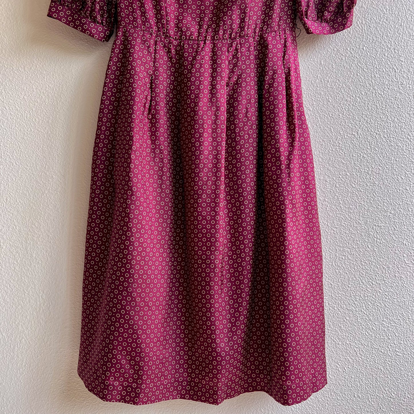 1980s Burgundy Silk Polka Dot Dress With Crochet Collar (M)