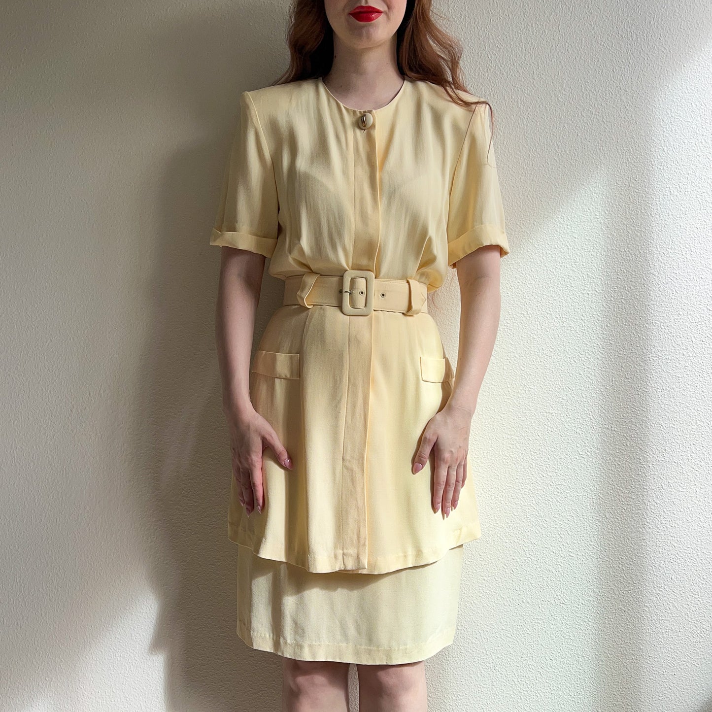 1980s Butter Yellow Rayon Belted Dress (S)