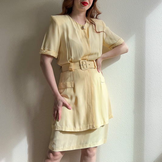 1980s Butter Yellow Rayon Belted Dress (S)