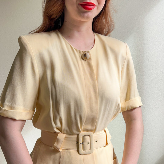 1980s Butter Yellow Rayon Belted Dress (S)