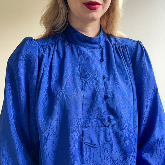 1980s Cobalt Blue Silky Dropwaist Dress (L/XL)