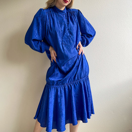 1980s Cobalt Blue Silky Dropwaist Dress (L/XL)