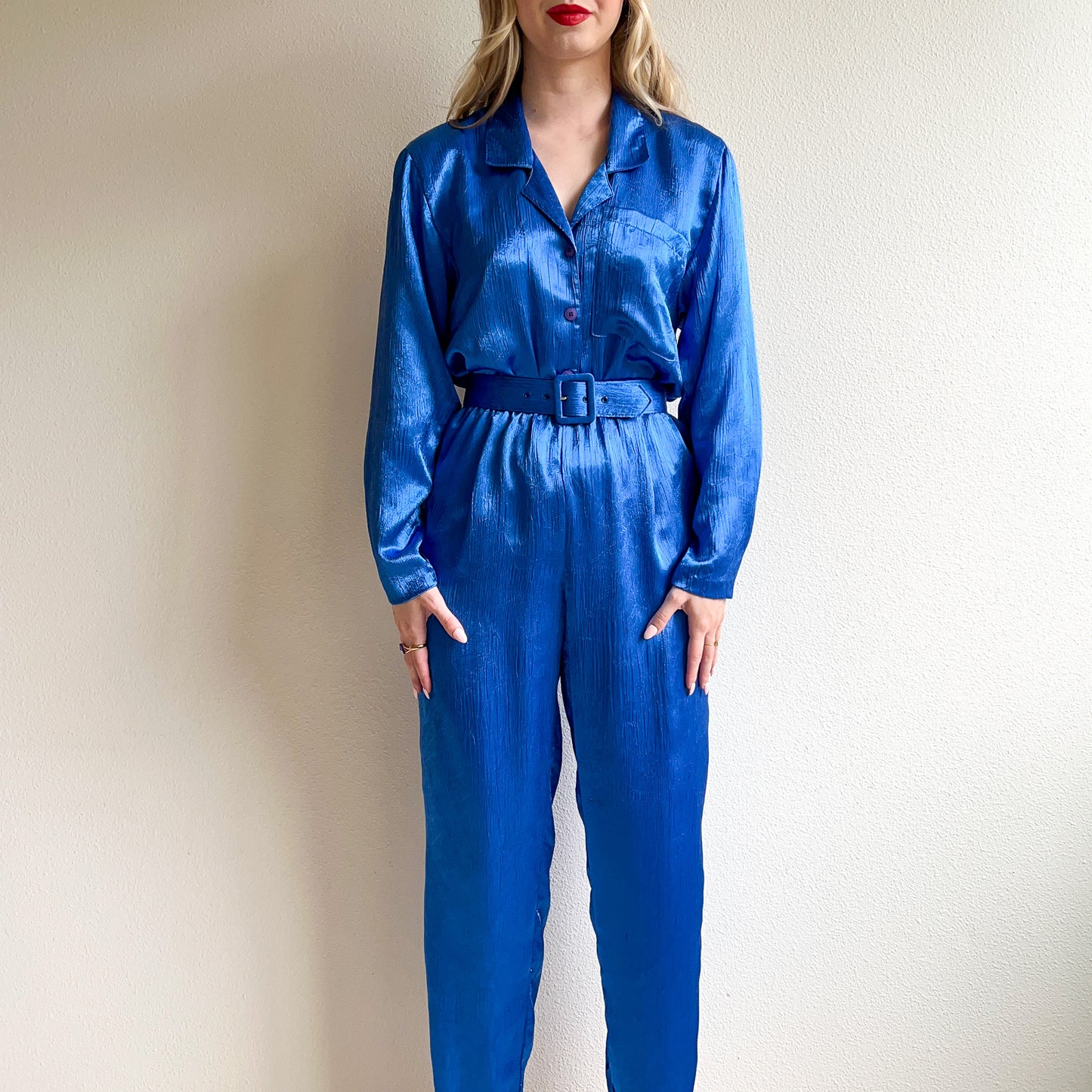 1980s Cobalt Blue Silky Belted Jumpsuit (S/M)