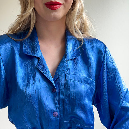 1980s Cobalt Blue Silky Belted Jumpsuit (S/M)